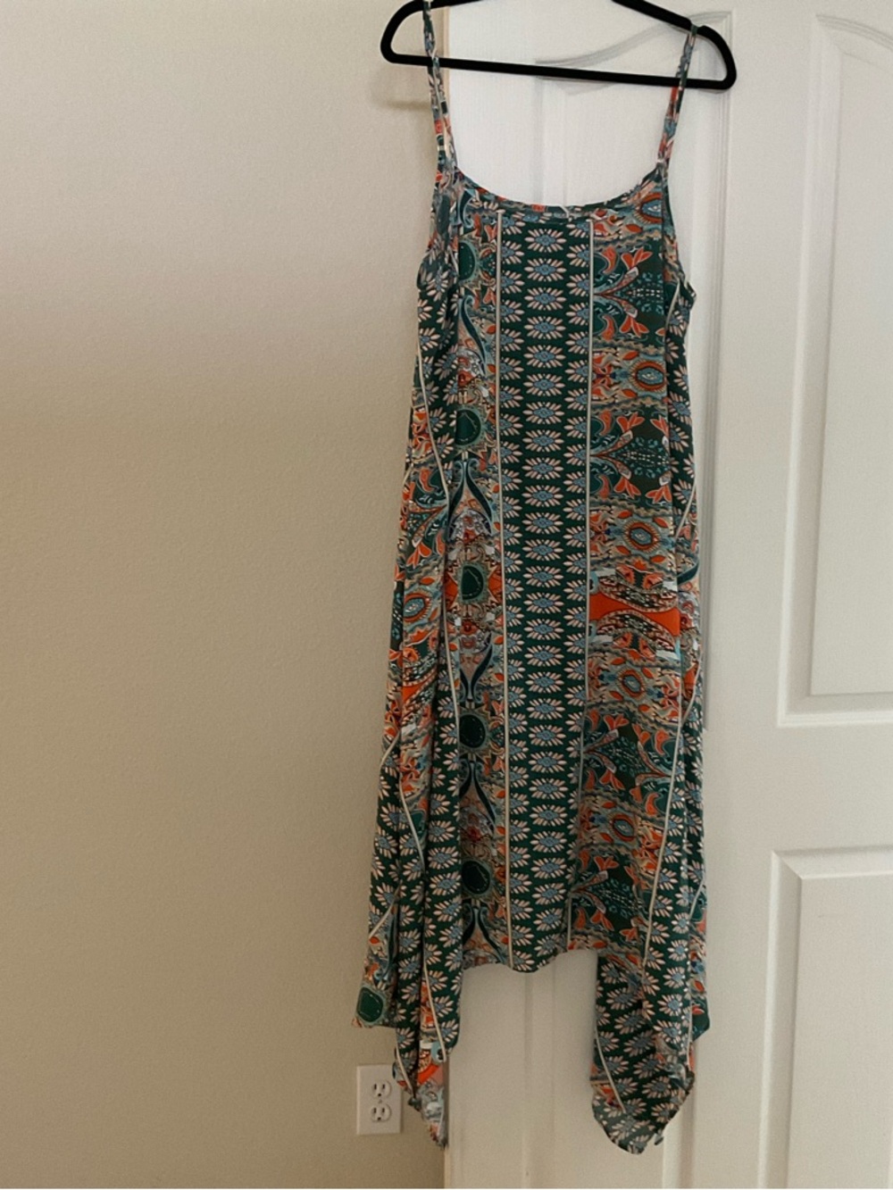 Green and Orange Printed Spaghetti-Strap Maxi Dress